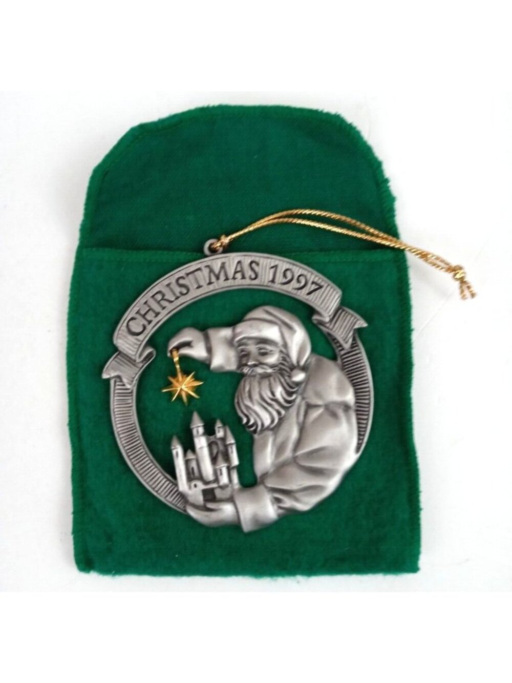 Vintage 1997 Avon Pewter Christmas Santa With Star In Collectible Soft Pouch